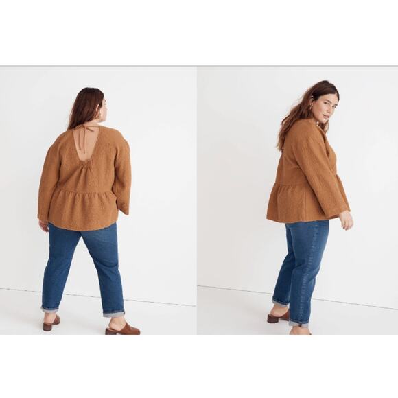 Madewell Plus Peplum Open-Back Top Women 4X Gauze Brown Cotton Stretch Babydoll - Picture 1 of 9